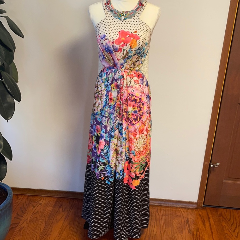 Ranna Gill for Anthropologie, maxi dress, floral and polka dots, size 6